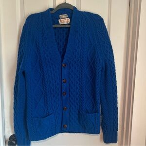 Women's Blue Cable Knit Cardigan Handmade in Ireland 100% Wool - vintage